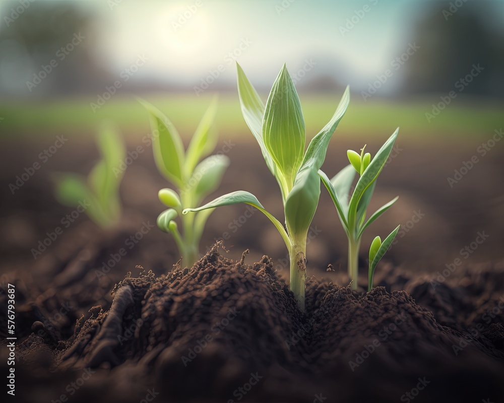  a group of young plants sprouting out of the ground in a field with a blue sky in the background an