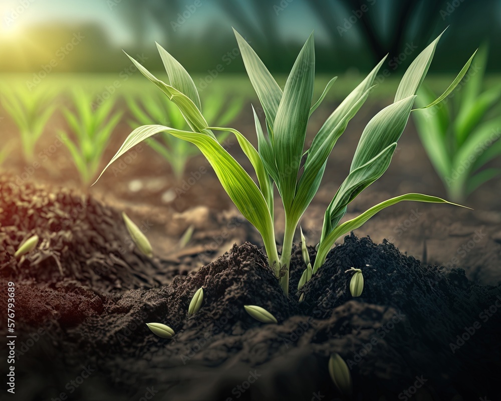  a close up of a plant in a dirt field with sun in the background and a blurry image of grass in the