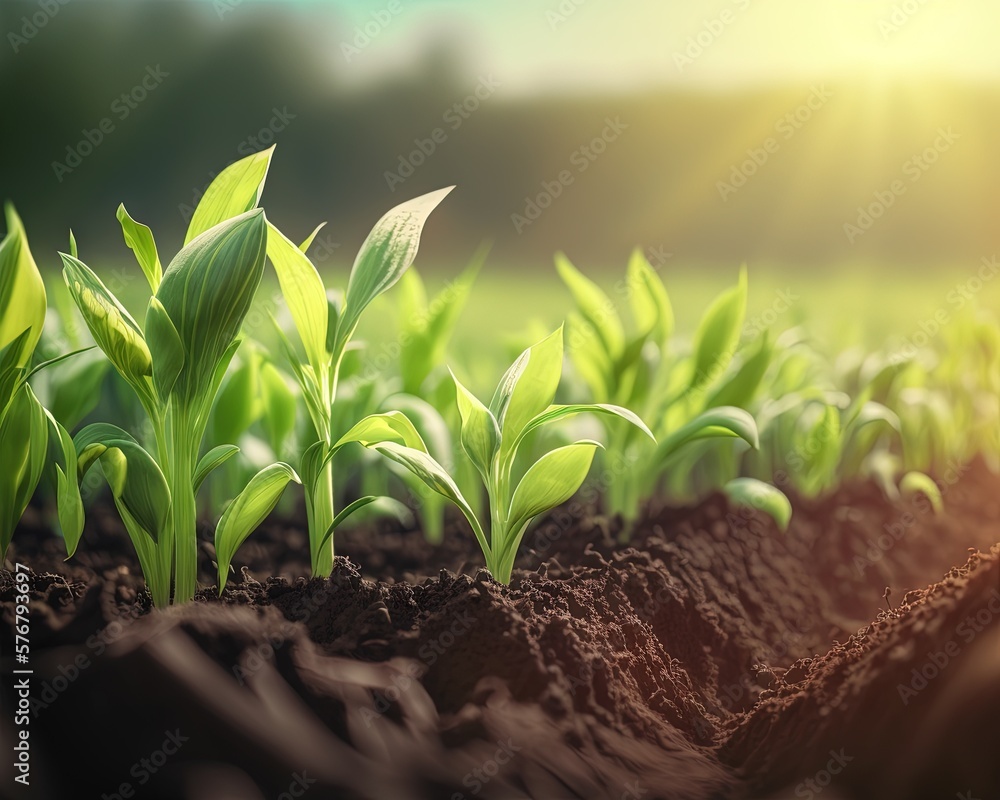  a close up of a field of plants with sunlight shining on the ground behind it and a field of grass 