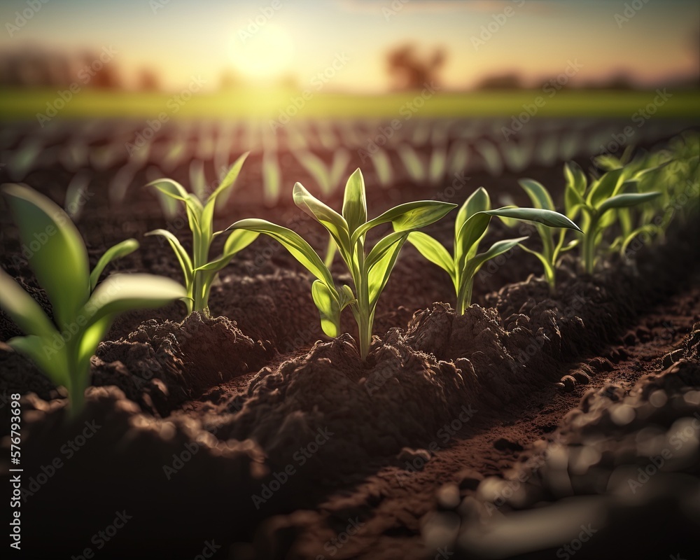  a row of green plants growing in a dirt field with the sun setting in the distance in the distance 