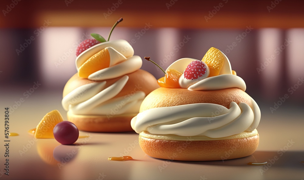  a couple of desserts sitting on top of a table next to each other on top of a table top with fruit 