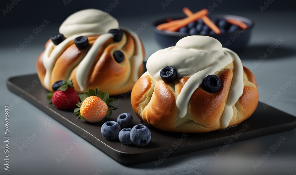  a couple of rolls sitting on top of a black plate next to berries and blueberries on a plate next t