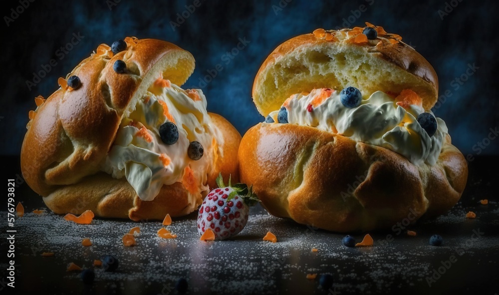  a close up of a pastry with a strawberry on the side and a bite taken out of one of the buns and th