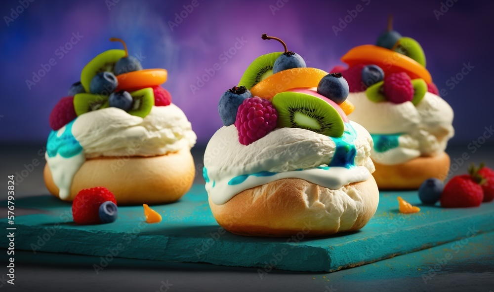  a close up of a pastry with fruit on top and whipped cream on top of the pastry and berries on the 