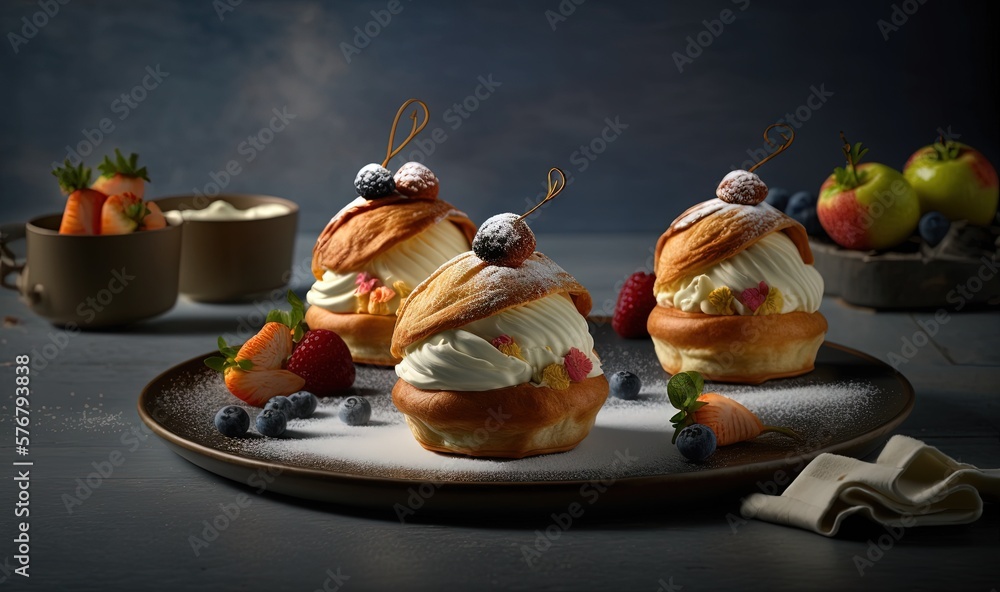  a couple of desserts sitting on top of a plate next to bowls of strawberries and other fruit on a t