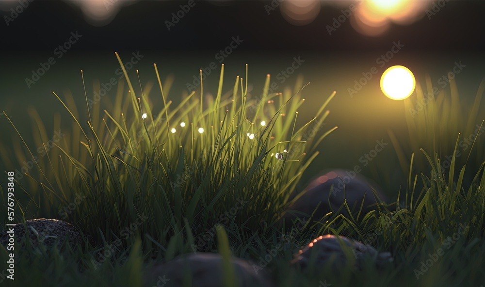  a grassy field with a light shining on the grass and rocks in the foreground, and grass and rocks i