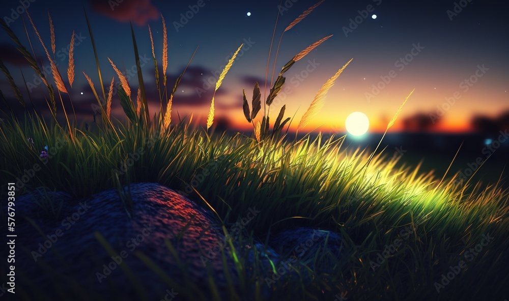  the sun is setting over a grassy area with rocks and grass in the foreground, and a distant city in