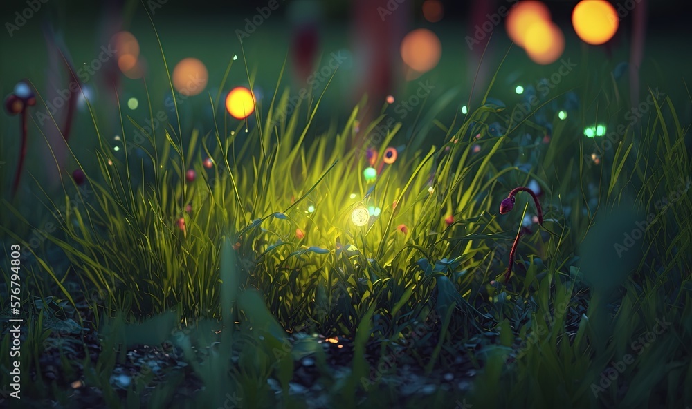  a field of grass with lights shining in the grass and on the grass is a small patch of grass with g