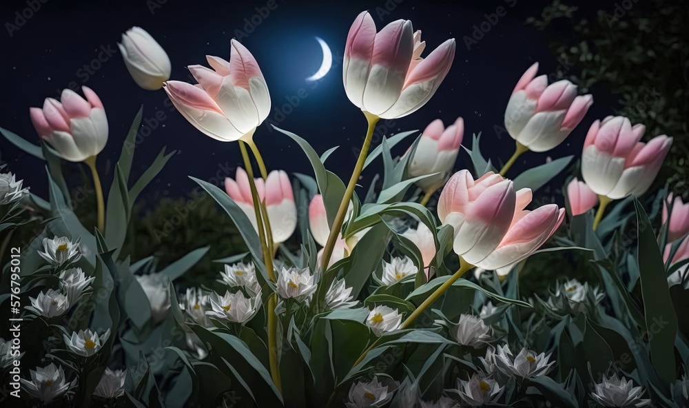  a bunch of flowers that are in the grass with a moon in the sky behind them and a half moon in the 