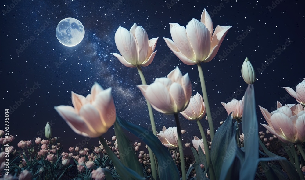  a painting of a night scene with flowers and a full moon in the sky with stars and clouds in the sk