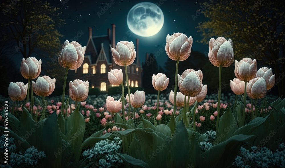  a painting of a house and flowers in front of a full moon at night with a full moon in the sky abov