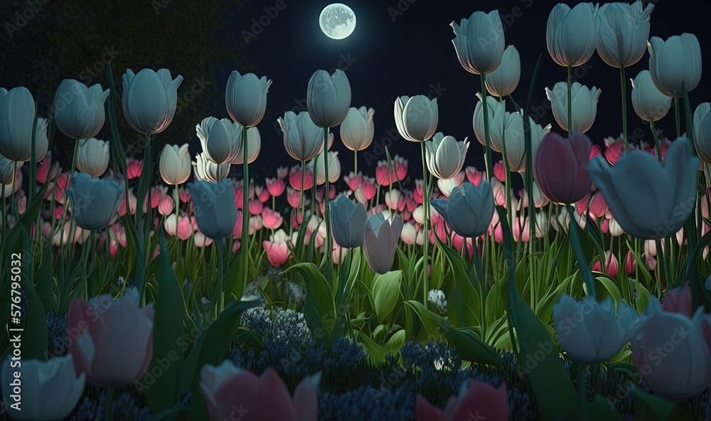  a field of tulips with a full moon in the background and a full moon in the sky in the distance, wi