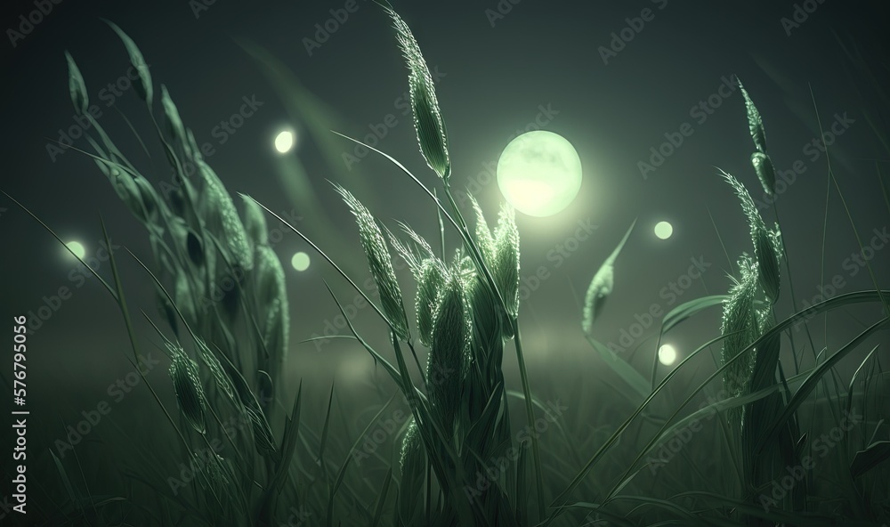  a field of grass with a full moon in the background and a green light shining on the grass and the 