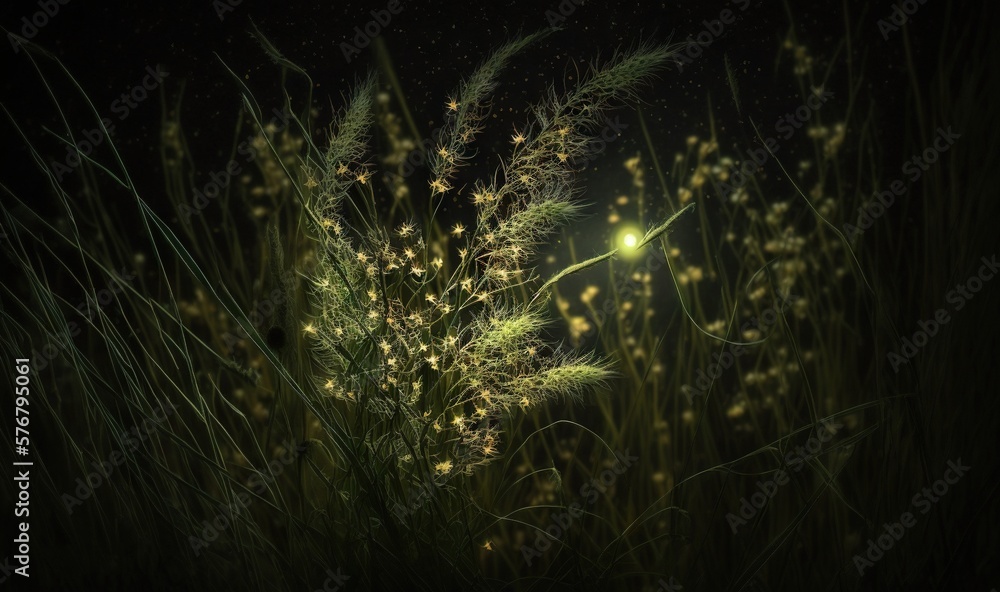  a night scene of a plant with a street light in the background and some grass in the foreground wit