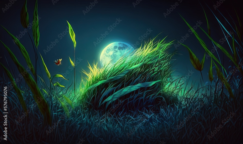  a painting of grass and a full moon in the background with a butterfly flying over the top of the g