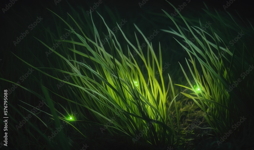  a couple of lights that are in the grass by some grass and grass plants are glowing green in the da