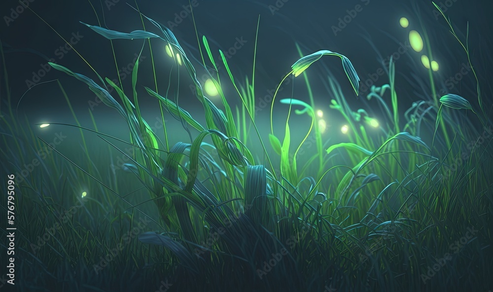  a digital painting of grass and fireflies in the night sky with a glowing glow on the grass and the