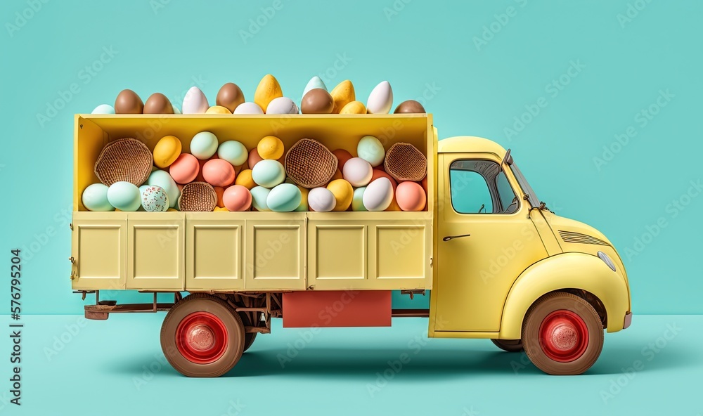  a yellow truck with eggs in the back of it on a blue background with a green background and a blue 