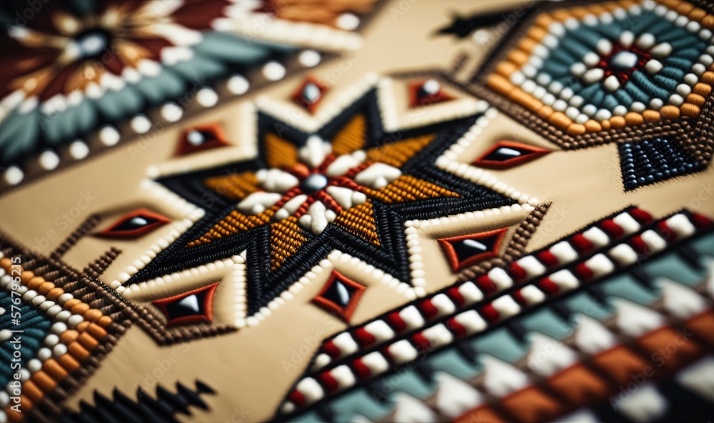  a close up of a colorful design on a table cloth with beads and beads on its edges and a star on t