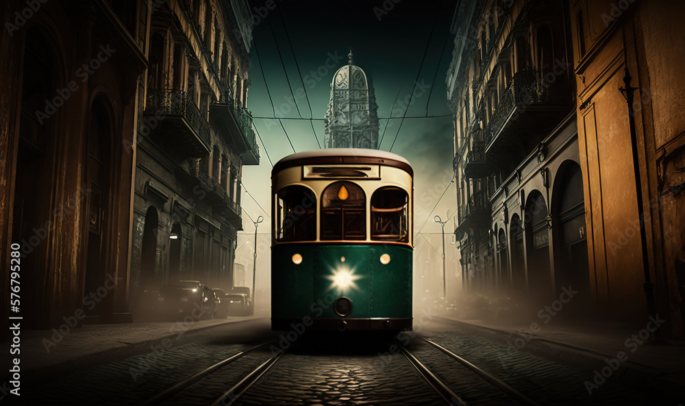  a trolley car on a city street in the night time with a building in the background and a person wal