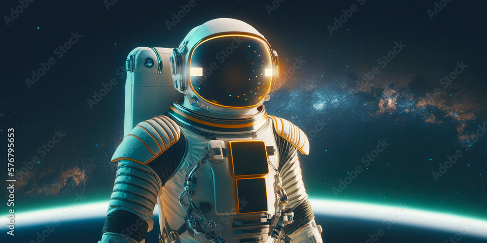 Portrait of astronaut floating in space with a planet behind. Generative AI.