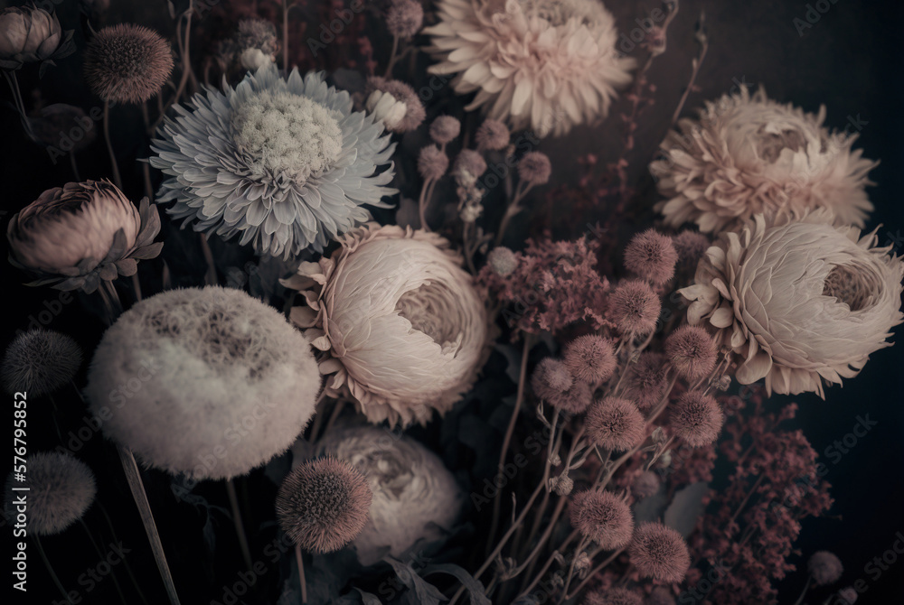 A close-up of a dried wreath made of flowers in soft muted tones. Generative AI