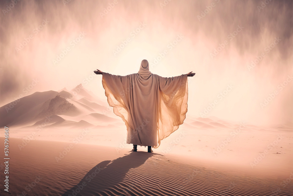 Man in coat stand in a desert sands during the storm, raising hands in praying gesture. Dusty mist. 