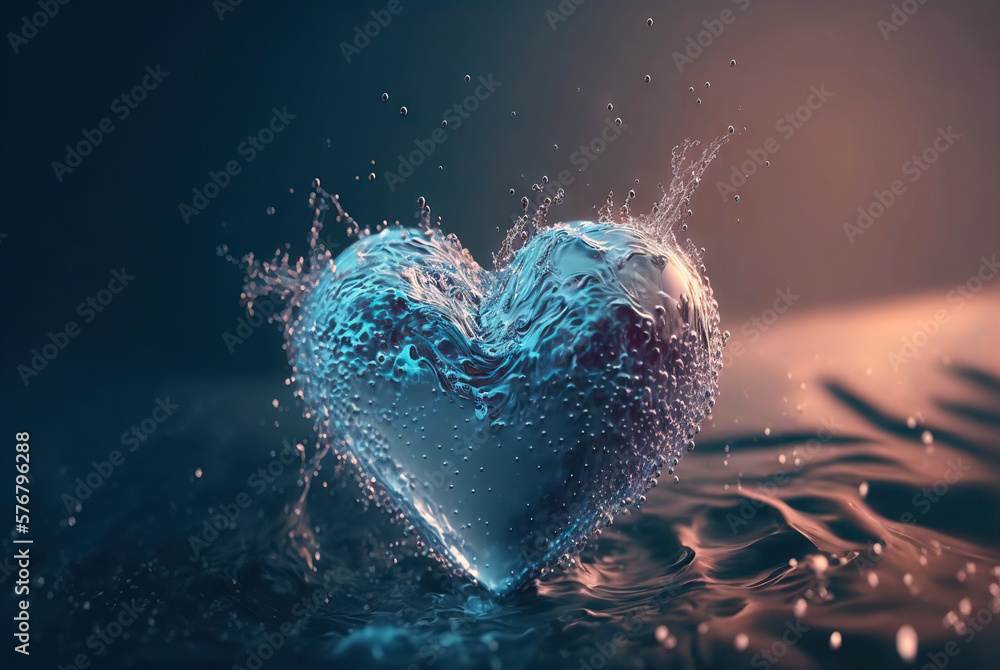 Heart-shaped water stream with bubbles, drops, splashes. Valentines day concept. Generative AI