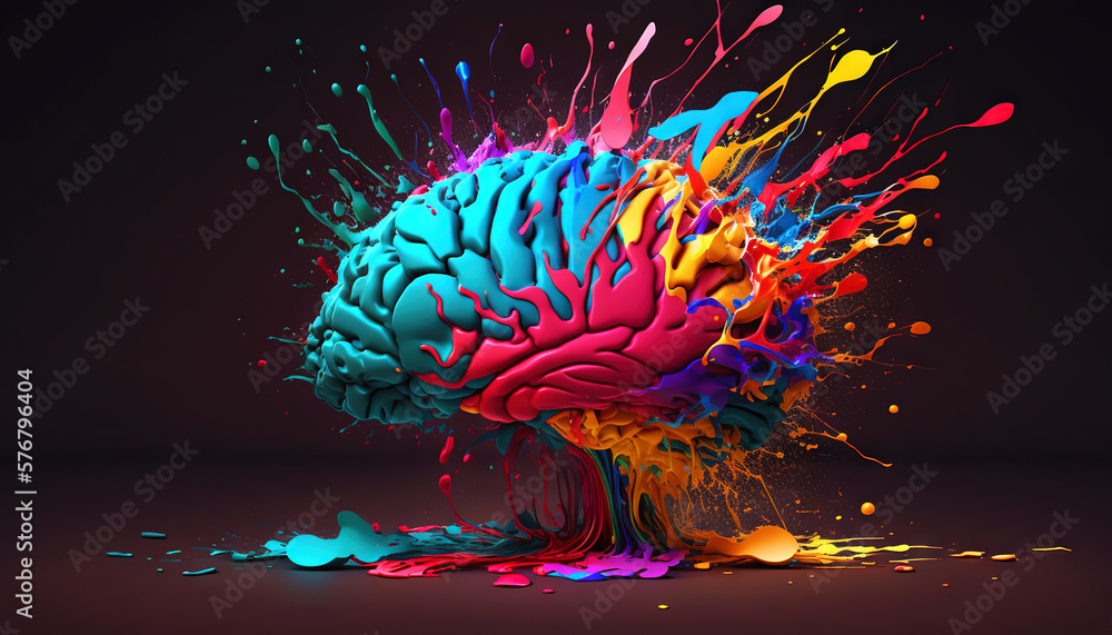 Brain made of tangled interwined colorful paint splashes. Intelligence or creativity concept. Genera