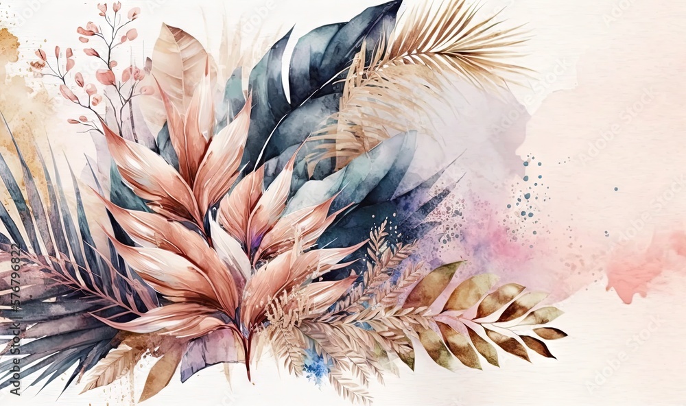  a watercolor painting of leaves and flowers on a white background with a pink and blue watercolor s