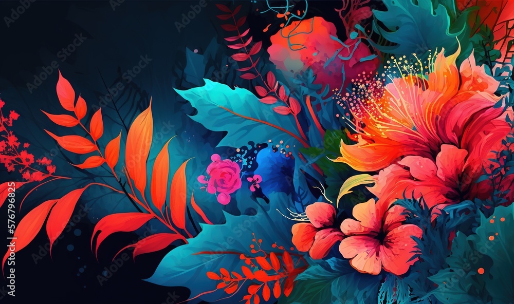  a painting of flowers and leaves on a black background with red and blue colors on the bottom half 