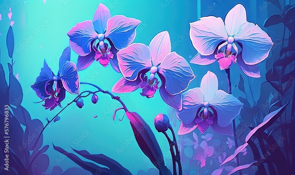  a painting of purple orchids on a blue background with green leaves and a blue sky in the backgroun