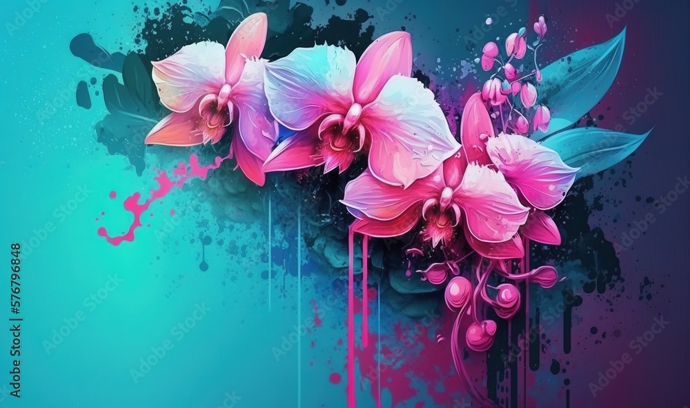  a painting of pink flowers on a blue and pink background with splats of paint on the bottom of the 