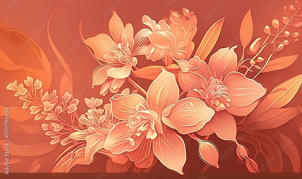  a bouquet of flowers on a red background with a brown border around it and a brown border around th