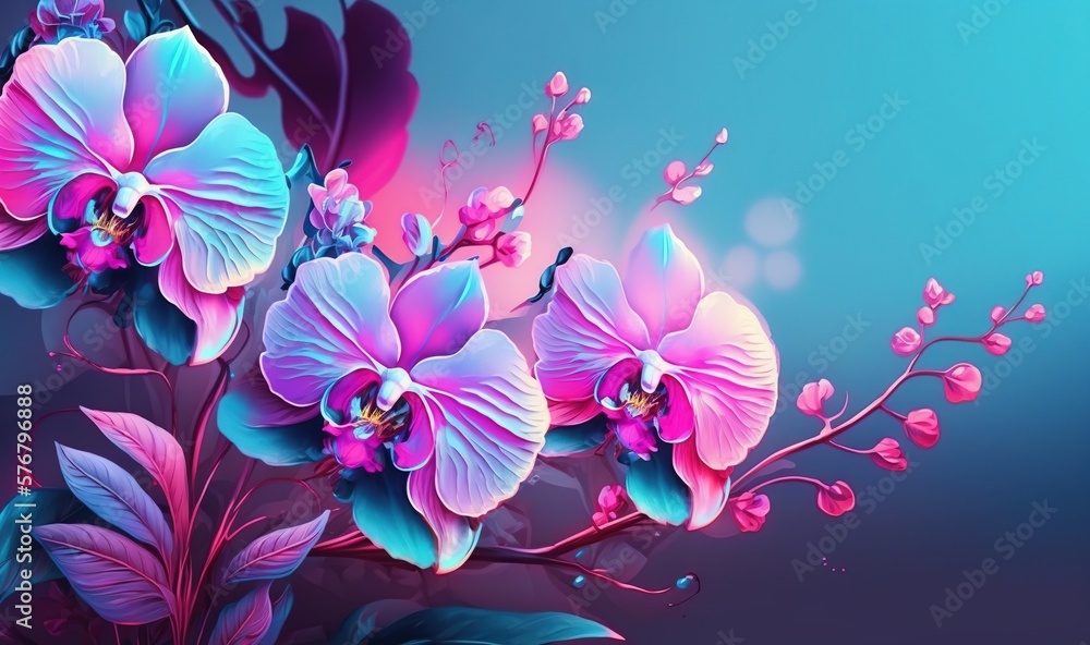  a bunch of flowers that are on a blue and pink background with a pink flower in the middle of the p