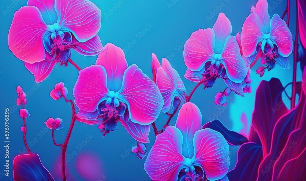  a painting of pink and blue flowers on a blue background with a blue sky in the backround of the im