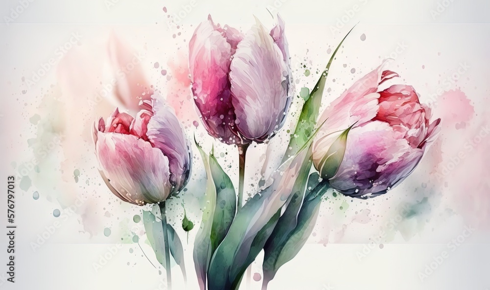  a painting of three pink tulips with watercolor splashes on the background of a white wall and a wh