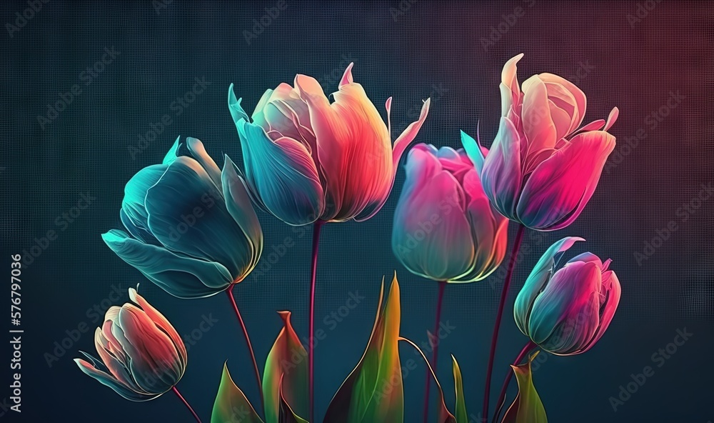  a bunch of colorful tulips in a vase on a blue and pink background with a black background behind t