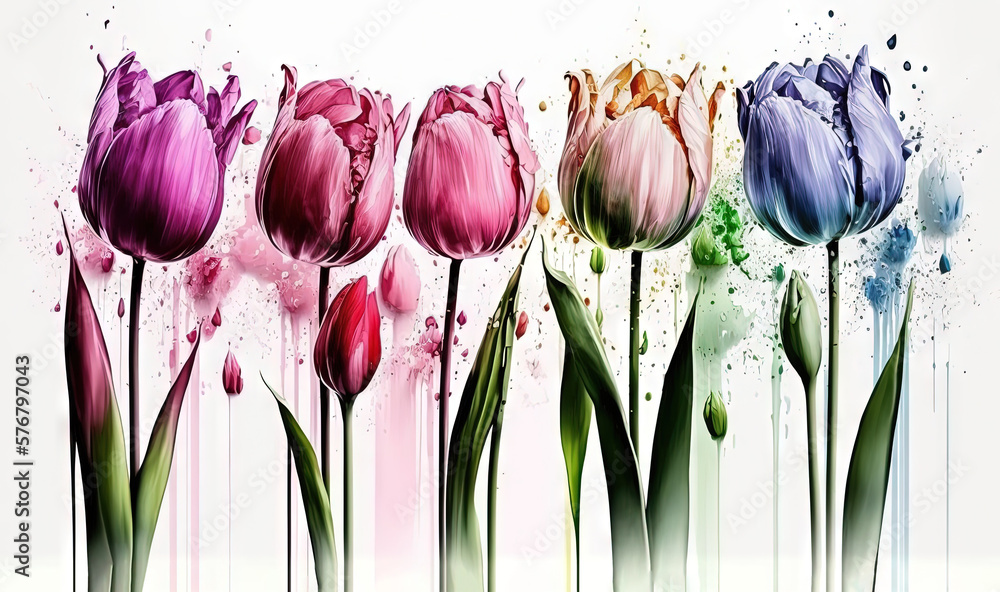  a painting of a row of tulips with watercolor splashes on the side of the picture and the bottom of