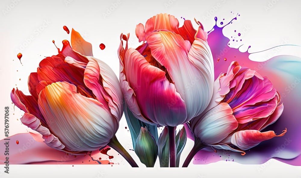  a painting of three flowers with a splash of paint on the side of the picture and a white backgroun