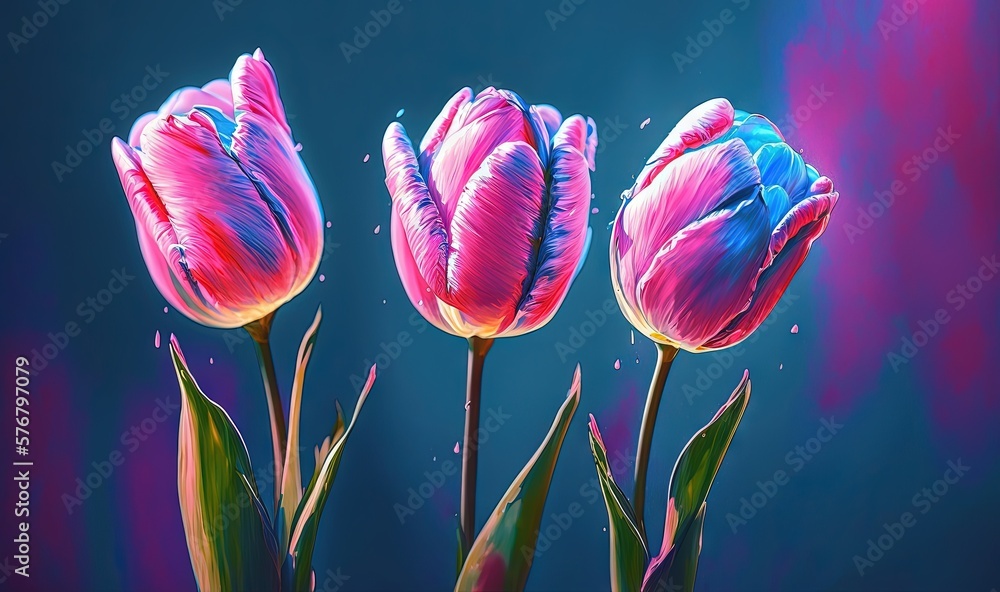  three pink and blue flowers with green leaves on a blue and purple background with a blue sky in th