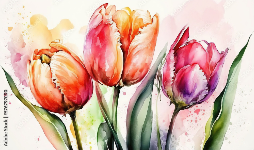  a watercolor painting of three tulips on a white background with a pink and yellow splash of paint 