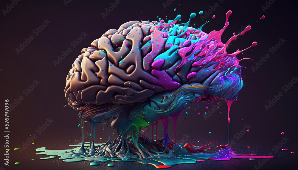 Brain made of tangled interwined colorful paint splashes. Intelligence or creativity concept. Genera