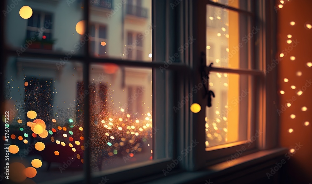  a window with a view of a street outside of it with lights on the outside of the window and the out