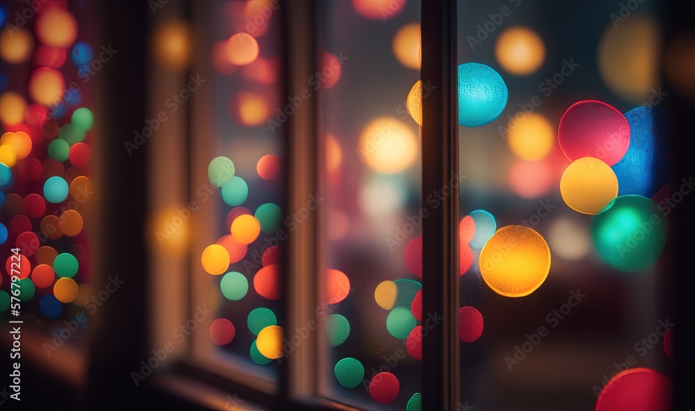  brightly colored lights are seen through the windows of a building in the dark, with a blurry backg