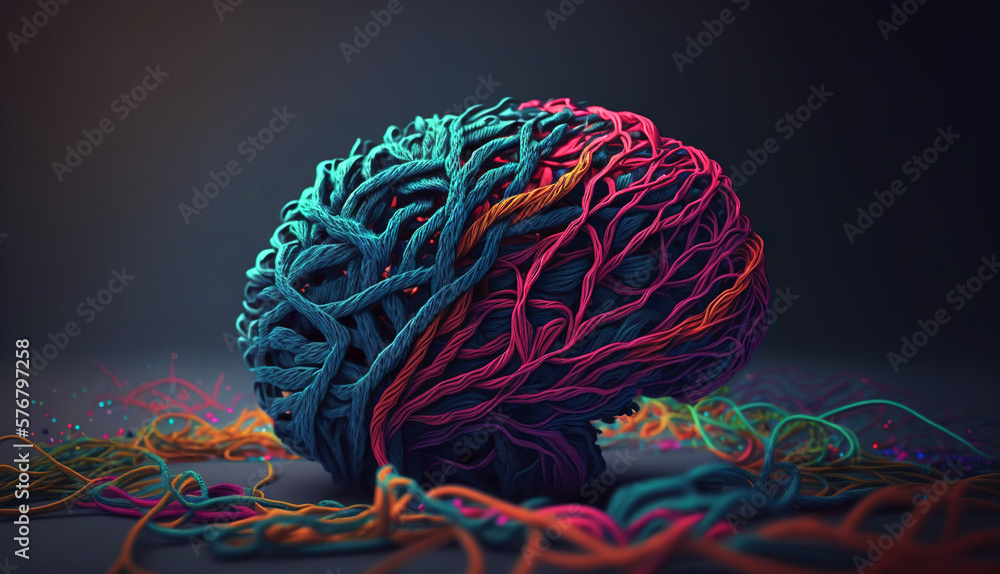 Brain made of tangled interwined colorful threads. Intelligence or creativity concept. Generative AI