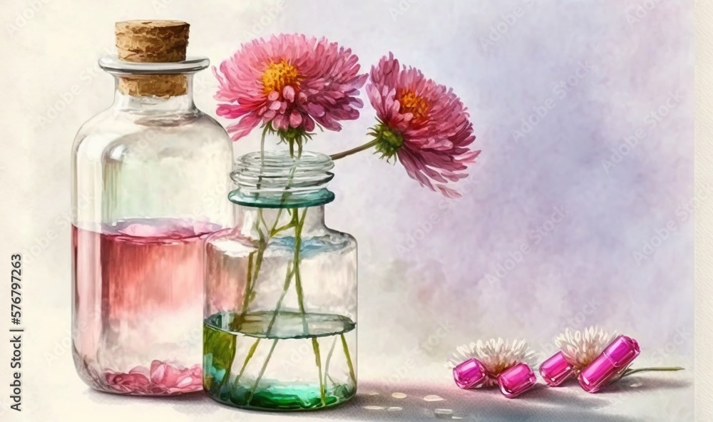  a painting of pink flowers in a glass bottle and a pink rollers on a white tablecloth with a pink b