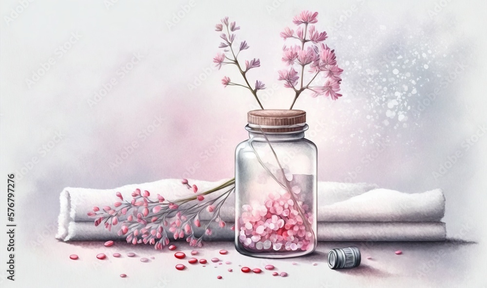  a painting of flowers in a glass jar with a white towel and a bottle of pills on the side of the pi