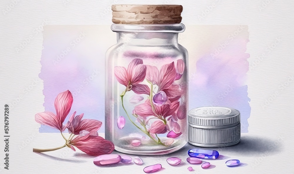  a painting of a glass jar with flowers in it and some pills on the ground next to it and a bottle o