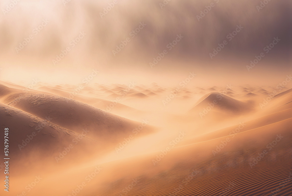 Desert sand landscape. Atmospheric scenic imaginary view. Clouds and sandstorm. Generative AI